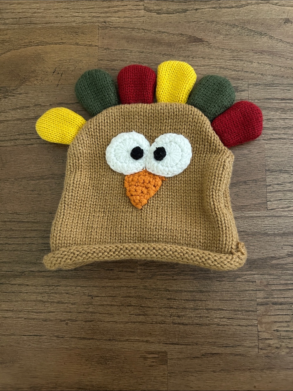 Mud Pie Baby Turkey Crochet Beanie Hat in Tan with Colorful Feathers Size 6-18 M